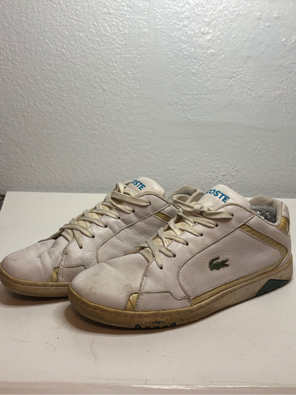 Lacoste Off-White Leather Sneakers with Green Croc and Tan Accents